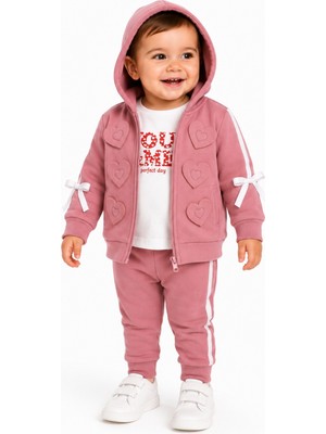 Chicsy Baby Tatlı Kız Bebek Kalpli 3\'lü Eşofman Takımı Kapüşonlu Fermuarlı Hırka Fiyonklu Sweatshirt Pantolon Kız Bebek Takım