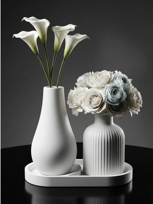 Canseb Elegance 3'lü Şık Dekoratif Set 13CM Vazo & 10CM Çizgili Pampas Vazosu - Hediyelik - Dekor - Obje - Biblo - Taş Tozu