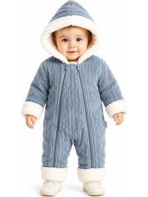 Chicsy Baby Tatlı Unisex Bebek Fitilli Kadife Kozmonot Tulum Peluş Kürklü Kapüşonlu Çift Fermuarlı Kışlık Bebek Tulumu