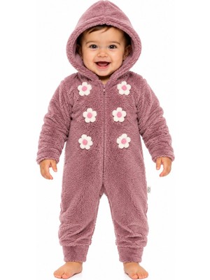 Chicsy Baby Tatlı Kız Bebek Çiçekli Welsoft Tulum 3D Papatya Detaylı Kapüşonlu Fermuarlı Peluş Kışlık Bebek Tulumu
