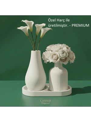 Canseb Elegance Üçlü Dekoratif Pampas Çiçek Vazosu Seti 13CM - 10CM - 17CM Tepsi