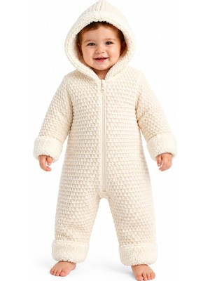 Chicsy Baby Tatlı Unisex Bebek Örgü Triko Tulum Welsoft Peluş Manşetli Kapüşonlu Fermuarlı Kışlık Bebek Kozmonot Tulumu