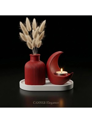 Canseb Elegance 3lü Premium Avangard Hilal Ay Mumluk, Pampas Vazosu Seti - Tealight Mum Hediyeli