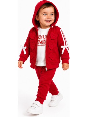 Chicsy Baby Tatlı Kız Bebek Kalpli 3\'lü Eşofman Takımı Kapüşonlu Fermuarlı Hırka Fiyonklu Sweatshirt Pantolon Kız Bebek Takım