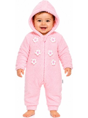 Chicsy Baby Tatlı Kız Bebek Çiçekli Welsoft Tulum 3D Papatya Detaylı Kapüşonlu Fermuarlı Peluş Kışlık Bebek Tulumu