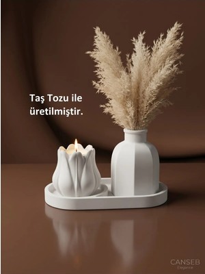 Canseb Elegance Üçlü Mumluk & Pampas Vazosu Dekoratif Obje Seti ( Tealight Mum Hediye )
