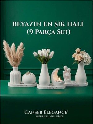 Canseb Elegance Mermer Tozu Içerir - 9 Parça Dekoratif Obje Set - Beyazın En Şık Hali ( 1 Adet Tealight Mum Hediyeli )