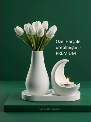 Canseb Elegance 13CM Çiçek Pampas Vazosu & 11CM Hilal Mumluk & 17CM Oluklu Tepsi ( 1 Adet Tealight Mum Hediyeli )