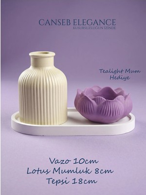 Canseb Elegance Premium - Antik Bej Çizgili Vazo - Mor Lotus Mumluk - Dekoratif Set