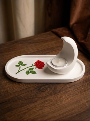 Canseb Elegance Islami Ev Hediyesi Dekoratif - Gül Desenli Hilal Ay Mumluk Seti - (23CM Tepsi 10CM Ay) (Tealight Mum Hediye)