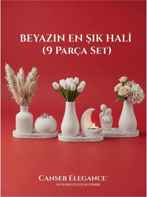 Canseb Elegance Premıum Taş Tozu - 9 Parça Dekoratif Obje Set - Beyazın En Şık Hali ( 1 Adet Tealight Mum Hediyeli )