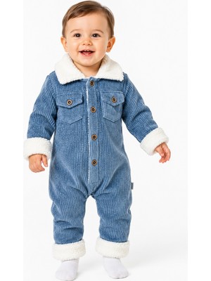 Chicsy Baby Tatlı Premium Çizgili Kadife Içi Peluşlu Welsoft Detaylı Düğmeli Cepli Erkek Bebek Tulum