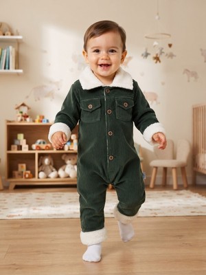 Chicsy Baby Tatlı Premium Çizgili Kadife Içi Peluşlu Welsoft Detaylı Düğmeli Cepli Erkek Bebek Tulum