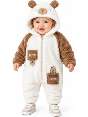 Chicsy Baby Tatlı Ayıcık Nakışlı Bebek Welsoft Tulum Kapüşonlu Kulaklı Fermuarlı Cepli Kışlık Peluş Tulum