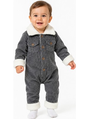 Chicsy Baby Tatlı Premium Çizgili Kadife Içi Peluşlu Welsoft Detaylı Düğmeli Cepli Erkek Bebek Tulum