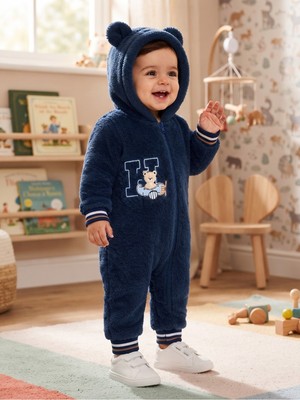 Chicsy Baby Tatlı Pilot Ayıcık Nakışlı Bebek Welsoft Tulum Kapüşonlu Kulaklı Fermuarlı Kışlık Peluş Tulum
