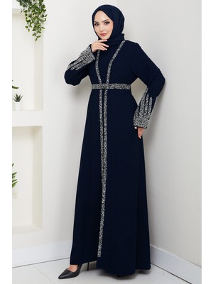 Hafsa Mina Taş Detaylı Içlikli Abaya Takım Lacivert HM2858