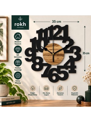 Rokh 🕰️ Dekoratif Duvar Saati 35 cm ⏰ Modern Rakam Tasarımlı Ahşap Detaylı Saat 🎁 Hediyelik