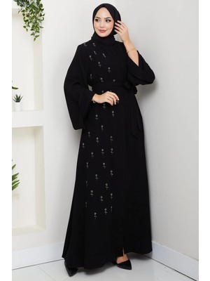 Hafsa Mina Kuşaklı Çiçek Taşlı Ferace Siyah HM2853