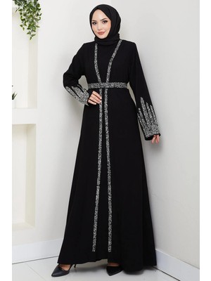 Hafsa Mina Taş Detaylı Içlikli Abaya Takım Siyah HM2858