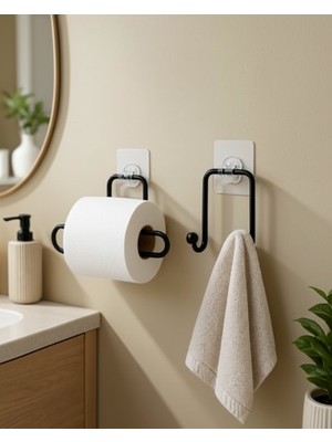 Azrlya 2’li Yapışkanlı Banyo Düzenleme Seti Rulo Kağıt Tutucu ve Havlu Askılığı