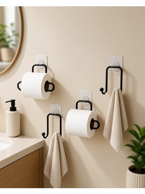 Azrlya Yapışkanlı Banyo Düzenleme Seti 2 Rulo Tutucu 2 Havlu Askılığı 4 Parça