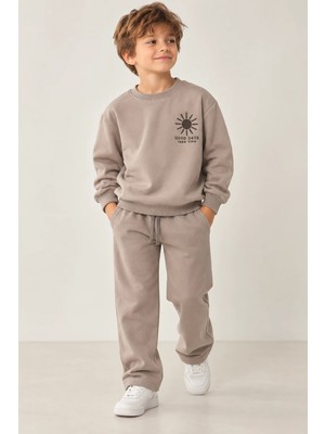 Luess Erkek Çocuk Sweatshirt Pantolon Eşofman Takımı 3 Iplik Şardonsuz - Vizon