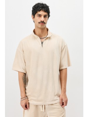 Yarım Fermuarlı Oversize Fitilli Tişört