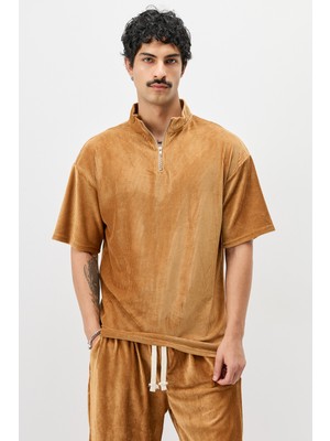 Yarım Fermuarlı Oversize Fitilli Tişört