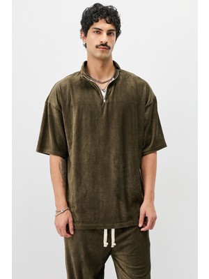 Yarım Fermuarlı Oversize Fitilli Tişört