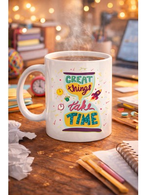 Bezos Great Things Take Time Porselen Kupa Model 130 – Motivasyon Mesajlı Renkli Kupa, Ilham Veren Kahve & Çay Kupası