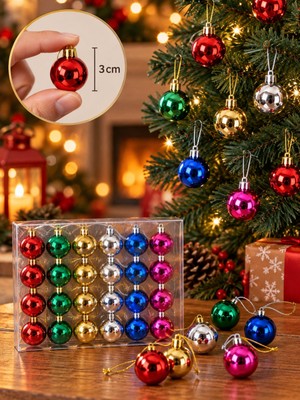 Biton Toptan Mini Yılbaşı Ağacı Süsleme Topu 3 cm 24'lü Set Renkli Noel Ağacı Çam Süsü