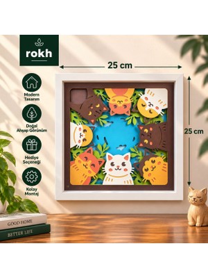 Rokh 🐱 Kedi Temalı 3D Katmanlı Dekoratif Duvar Tablosu | Renkli Kedi Tasarım | Hediyelik Dekorasyon