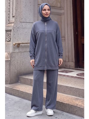 Modestim Kadın Tesettür Modal Pike Kumaş Salaş Takım Fermuarlı Sweat Pantolon Antrasit Tesettür Takım