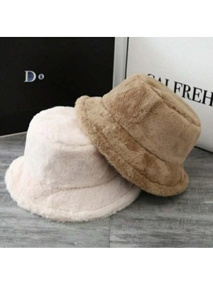 Gyes Kadın Peluş Kova Şapka 2'li Takım Beyaz - Sütlü Kahve