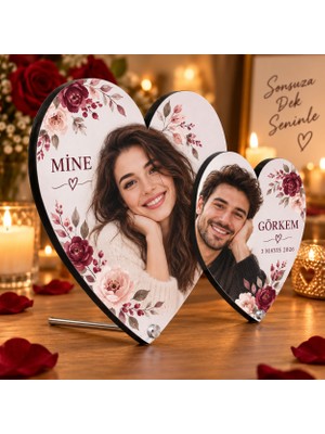Belirtilmemiş Kişiye Özel Fotoğraflı Çift Kalp Masaüstü Çerçeve 16 × 28 cm