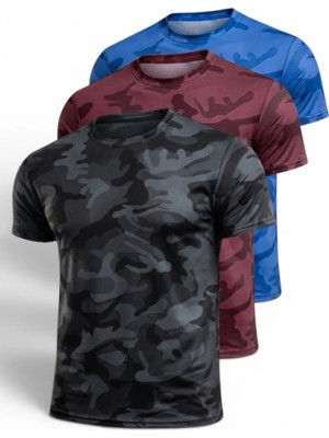 Serablanka 3'lü Erkek Nem Emici Hızlı Kuruma Atletik Teknik Kamuflaj Desenli Spor T-Shirt Siyah-Bordo-Mavi