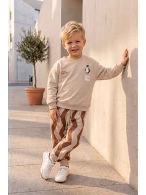Babymod Çocuk  Penguen Desenli Bej Okul Sweatshirt ve Çizgili Eşofman Takımı