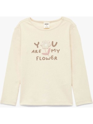 Koton Pamuklu Nakış Detaylı Bej Kız Bebek Uzun Kollu T-Shirt 7WMG10024AK