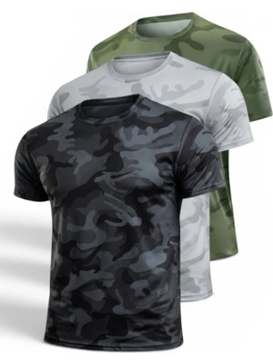 Serablanka 3'lü Erkek Nem Emici Hızlı Kuruma Atletik Teknik Kamuflaj Desenli Spor T-Shirt Siyah-Gri-Haki