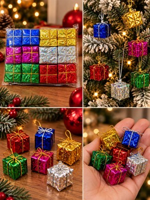 Biton Toptan 12'li  Adet 3 cm Yılbaşı Ağacı Süsü Mini Hediye Paketi Süsleri Renkli Noel Ağacı Dekoru