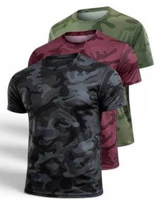 Serablanka 3'lü Erkek Nem Emici Hızlı Kuruma Atletik Teknik Kamuflaj Desenli Spor T-Shirt Siyah-Bordo-Haki