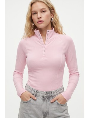 Ritnice Kadın Frey Çıtçıtlı Pamuklu Uzun Kol Pembe Fitilli Örme Bluz