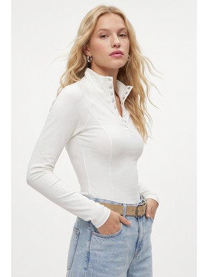 Ritnice Kadın Frey Çıtçıtlı Pamuklu Uzun Kol Ekru Fitilli Örme Bluz