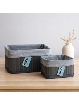 Royaleks Kare Organizer Sepet - Bambu Kenarlı, Ahşap Taban, Bezli - 18X21 cm