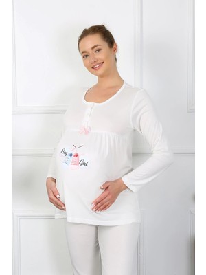 Melonika Kadın Uzun Kol Hamile Lohusa Pijama Takımı Ekru Çmş