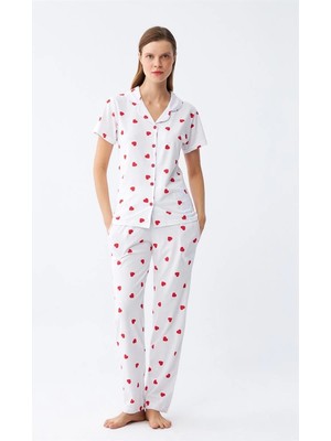 Melonika Kadın Beyaz Kırmızı Kalpli Önden Düğmeli Pijama Takımı Çmş