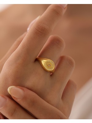 missamori 925 Ayar Gümüş Gold Kaplama Ayarlanabilir Güneş ve Göz Detaylı Zirkon Taşlı Yüzük