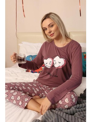 Melonika Kadın Penye Uzun Kol Pijama Takım Mürdüm Çmş