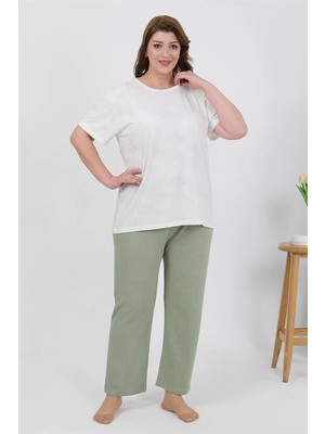 Melonika Kadın Büyük Beden Kısa Kol Penye Pijama Takımı Beyaz Çmş